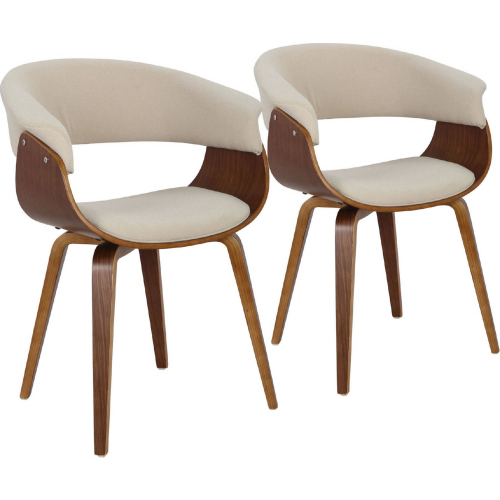 Vintage Mod Dining Accent Chair in Walnut Wood & Cream Fabric (Set of 2)